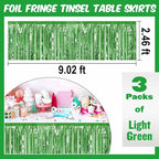3 Pack 29 x108 Inch Light Green Foil Fringe Table Skirts Metallic Banner for Tinsel Streamer Garland Backdrop for Parade Floats Mother's Day, Graduate, Birthday, Wedding Party Decoration