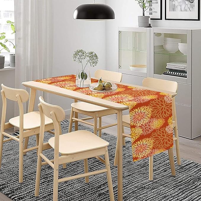 Yellow Floral Table Runner, Chrysanthemum Autumn Spring Summer Vintage Modern Linen Geometric Table Runner for Kitchen Living Room Bedroom Party Holiday, 13x120 Inch