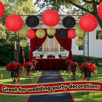 12Pcs Round Paper Lanterns Assorted Sizes (6" 8" 10" 12") for Home Decor, Wedding, Birthday, Hibachi Party, Casino Theme Party Decorations, Hanging Chinese Japanese Paper Lamps (Black Red Gold)