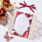 50pcs Burgundy Glitter Wedding Invitation Butterfly Rose Laser Cut Invitation Sleeve with Personalized Invitations Card, White Envelopes, for Wedding Bridal Shower Engagement (Default Blank Card)
