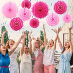 Outus 12 Pcs Hanging Honeycomb Paper Fans Sets, Fiesta Hot Pink Party Decorations, Tissue Paper Flowers Supplies for Birthday Wall Classroom Wedding Photo Backdrop (8/12/16 Inch)