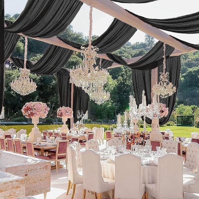 MODFUNS Black Ceiling Drapes Wedding Arch Drapery 5x30ft 4 Panels Chiffon Sheer Curtain Drapes Rustic Fabric for Wedding Party Reception Decoration