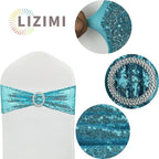 25 Pcs Chair Sashes Sequin Stretch Chair Bands Spandex Polyester Bows for Party Hotel Wedding Banquets Decoration - Aqua