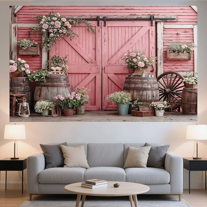 7x5ft Country Wedding Pink Photography Backdrop Rustic Wooden Barn Door Photography Backdrop Farmhouse Flower Western Girl Birthday Baby Shower Wedding Bridal Party Banner Photo Booth Props Background