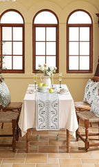 ISAENNE Designer White Elegant Linen Extra Long Table Runner 118 Inches,Chinoiserie Floral Decor Durable Table Runners for Dining Tables,Thanksgiving,Kitchen Tables,Christmas,12"*118"-Mosella D