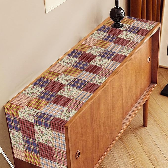Patchwork Table Runner, Boho Vintage Floral Checkered Plaid Bohemian Paisley Flower Farmhouse Table Center Decor for Home Kitchen Dining Patio Holiday Party Indoor Table Decorations, 13"x36" Inch