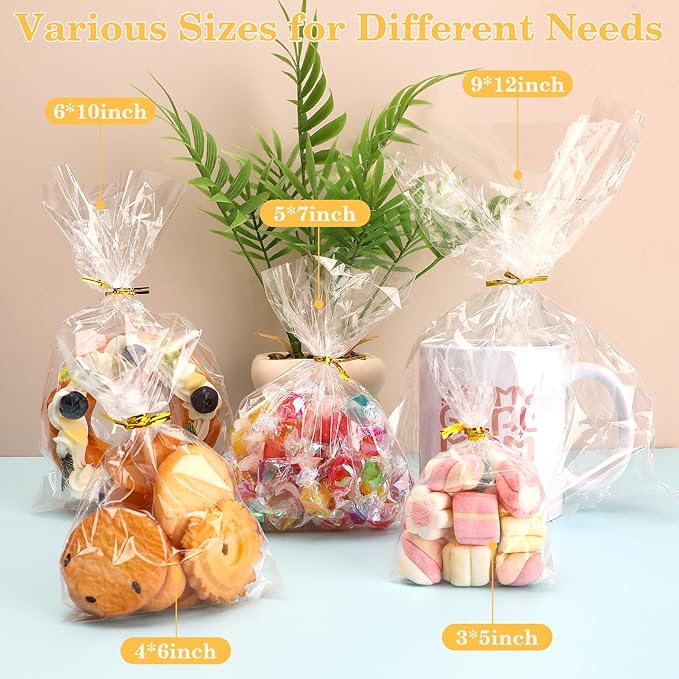 Cidenbio 100 PCS Cellophane Treat Bags, 3x5 In Clear Cellophane Gift Bags with Twist Ties Plastic Goodie Bag for Party Favor Cookie Candy Popcorn Bakery Chocolate Gift Wrapping