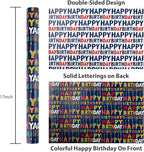 Yarcony Reversible Birthday Wrapping Paper Roll - 17 Inch X 33 Ft(46.8 Sq.Ft.Ttl) - Creative Colorful Happy Birthday Lettering & Candle Navy Blue Gift Wrap for Party, Baby Shower & Holiday