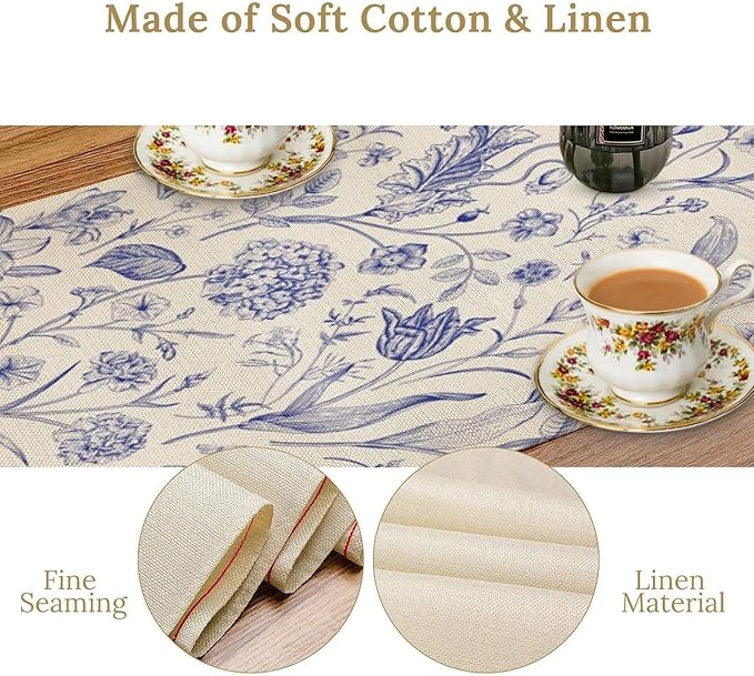 Monochrome Sketch Flowers Table Runner, Seasonal Spring Fall Plants Blue Florals Dinner Runner for Home Kitchen Dining Table Party Holiday Decoration 13"x90"