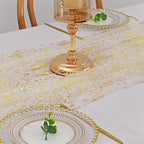 LOMOHOO 10 Ft Gold Table Runner, Golden Sheer Sequin Table Runners 120 Inches Long Glitter Metallic Foil Lace Fabric Table Decor for Birthday Party Wedding Anniversary Centerpiece (1pcs)