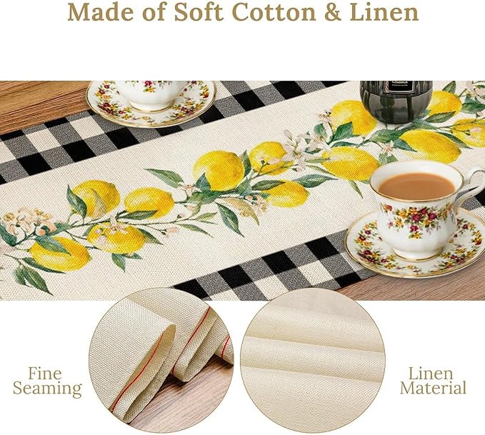 Lemon Table Runner,Black Buffalo Plaid Lemon Table Runner Farmhouse Style Spring Summer Home Kitchen Dinding Room Table Decoration 13x120 Inch