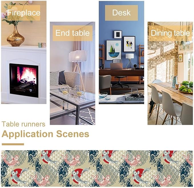 Japanese Table Runner Oriental Tradition Kio Fish Art Printed Burlap Runner Home Kitchen Dining Table Living Room Decor Fabric 1 Panel W13xL120in