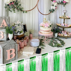 6 Pack 29x108 Inch Silver Green Metallic Foil Fringe Tinsel Table Skirts for Rectangle Tables Streamer Curtains Backdrop for Birthday, Parade Floats, Mardi Gras, St Patrick Day Party Decoration