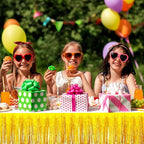 4 Pack 29x108 Inch Metallic Foil Fringe Tinsel Table Skirts for Rectangle Tables Streamer Curtains Backdrop for Wedding, Birthday, Parade Floats, Christmas, Halloween Party Decoration(Gold)
