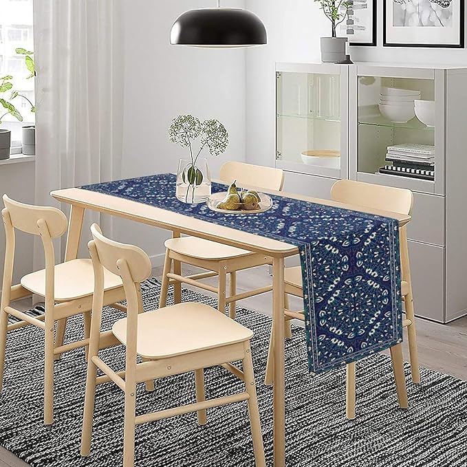 Boho Floral Vintage Table Runner, Retro Morris Abstract Blue Flower Rustic Country Farmhouse Pattern for Home Kitchen Table Decor Dining Coffee Room Wedding Party Decor 13x60in