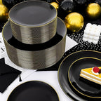KIRE 350 PCS Plastic Dinnerware Set for 50 Guests - Black and Gold Plates 50 for Dinner 50 for Dessert & 50 Pre Rolled Napkins with Disposable Silverware 50 Cups for Halloween Party/Banquet/Wedding