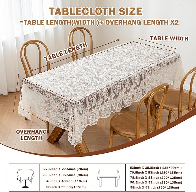 Lace Embroidered Tablecloth. Rectangle Lace Vintage Tablecloth Dustproof Table Protector for Kitchen Dining Room Party Banquet Home Picnic Wedding Decoration (Creamy White 90.5×53 inch)