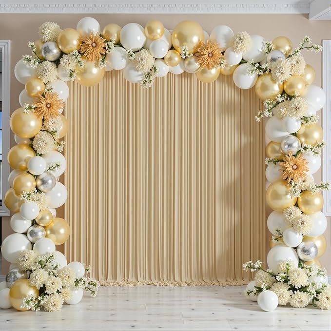 50ftx12ft Wrinkle Free Beige Backdrop Curtain, 10 Panels 12FT Height Beige Wedding Backdrop Drapes, Silky Polyester Back Drop Cloth for Birthday Photography Background Party Backdrop Draping