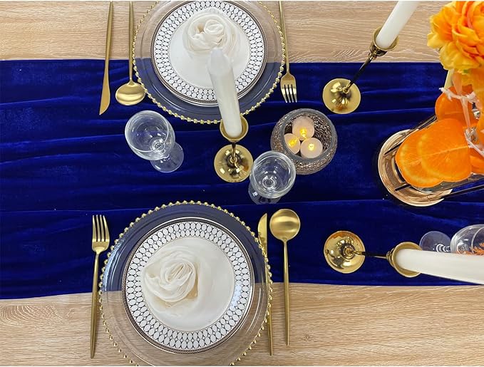 Luxurious Velvet Table Runner, 10ft Wedding Reception Decorations, 20x120inch Soft Velvet Fabric, Table Linen Overlay, Wedding Table Runners (Royal Blue, 20X120inch)