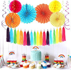 Rainbow Birthday Party-Decorations - 33pcs Colorful Banner,Mexican Theme Streamers Tassel Garland,Tissue Pom Poms Honeycomb,Paper Lantern Fans,Baby Shower Classroom Decor Supplies Hugtmr