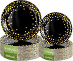 Lullaby 120PCS Black Paper Plates, Black and Gold Paper Plate, 60pcs Dinner Plates 9"，60pcs Dessert Plates 7", Disposable Graduation Plates with Golden Dot for Birthday party, Halloween