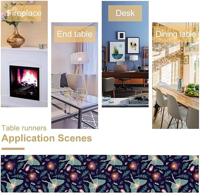 Moth Table Runner, Retro Boho Aesthetic Blue Moth Magic Table Runner for Home Kitchen Dining Party Indoor Outdoor Decoration 13x90 Inch