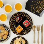 Black and Gold Party Supplies - 350 PCS Disposable Dinnerware Set - Black Paper Plates Napkins Cups, Gold Plastic Forks Knives Spoon for Halloween, Graduation, Birthday, Cocktail Party