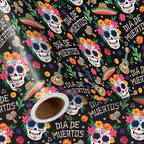 LeZakaa Day of the Dead Wrapping Paper Roll, Colorful Sugar Skulls Maracas Flowers Sombreros Design, Día de Muertos Gift Wrap in Black, Mini Roll 17 in x 16.4 Ft