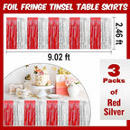 3 Pack 29 x108 Inch Red and Silver Foil Fringe Table Skirts Metallic Banner for Tinsel Streamer Garland Backdrop for Parade Floats Mother's Day, Graduate, Birthday, Wedding Party Decoration