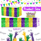 4 Pack 29x108 Inch Mardi Gras Metallic Foil Fringe Tinsel Table Skirts for Rectangle Tables Streamer for Christmas, Birthday, Parade Floats, Halloween Party Supplies(Gold Green Purple)