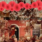 HQZ Red Party Hanging Fans DIY Set - 12pcs Pinwheels & Flowers for Weddings, Birthdays, Christmas; Hanging Fan Decorations