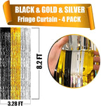 4 Pack Black Gold Silver Foil Fringe Curtain Backdrop, 3.28Ft x 8.2Ft Metallic Tinsel Foil Fringe Streamers for Photo Booth, Wedding, Notorious One Birthday Roaring 20s Graduation Party Decoration