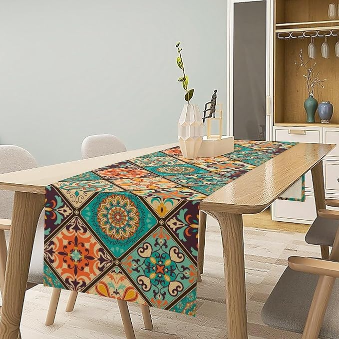 Bohemian Patchwork Table Runnerboho Colorful Tile Patchwork Indian Floral Print Table Runner for Home Kitchen Indoor Outdoor Party Wedding Decor, 13x36inch
