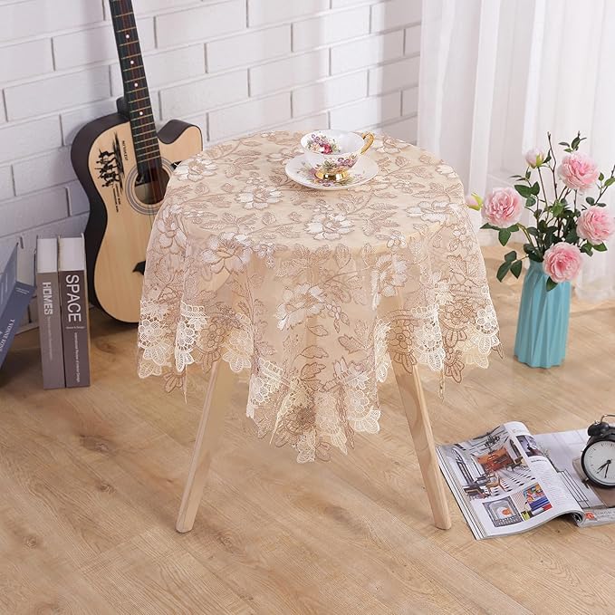 Lace Tablecloth Round Lace Vintage Round Tablecloth Decorative Exquisite Border Table Cover for Party Wedding Home Decorations, Round-48, Beige