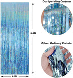 Foil Fringe Curtains Party Decorations - Melsan 3 Pack 3.2 x 8.2 ft Tinsel Curtain Party Photo Backdrop for Birthday Party Baby Shower or Graduation Decorations Light Blue