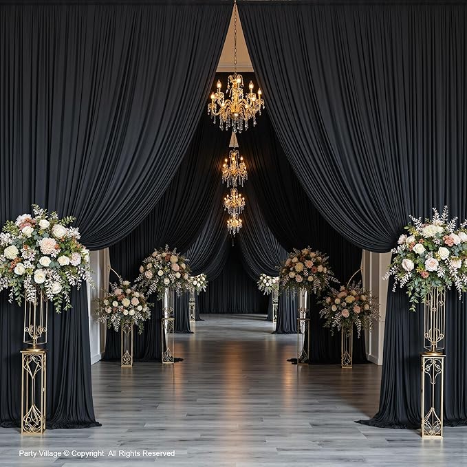 PartyVillage 50ft×15ft Black Backdrop Curtain for Halloween Parties, 10 Panels Wrinkle Free 15 FT Long Polyester Photo Backdrop Drapes Back Drop Cloth for Birthday Photography Background