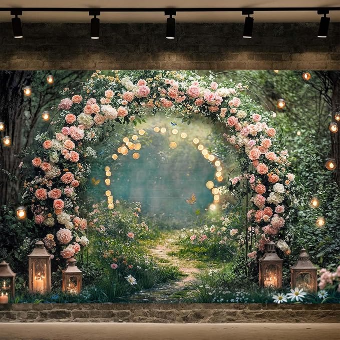 6x6ft Enchanted Forest Wedding Photography Backdrop Wonderland Roses Fairy Tale Backdrop Pink Flower Birthday Newborn Baby Shower Wedding Bridal Party Banner Photo Booth Props Anniversary Background