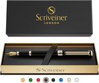 Scriveiner Black Lacquer Fountain Pen - Stunning Luxury Pen, Real Gold Finish, Schmidt Gilded Nib (Broad), Best Pen Gift Set for Men & Women, Professional, Executive, Office, Nice Pens