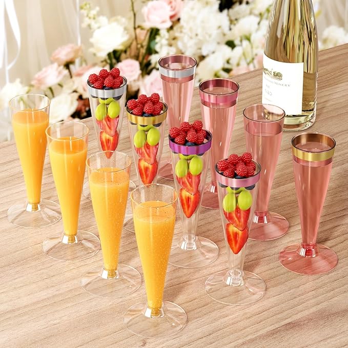 40 Pack Pink Champagne Flutes Plastic Wine Glasses Disposable, 4.5 Oz Clear Mimosa Glasses for 2025 Engagement Wedding Birthday New Years Eve Xmas Party Supplies, Bulk Toasting Cocktail Cups
