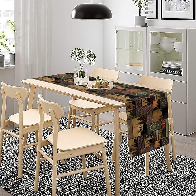 Rustic Cabin Bear Aztec Table Runner, Retro Brown Bear Rustic Theme Geometry Decoration for Home Dinner Party Living Room Bedroom Table Runner 13x120 Inch