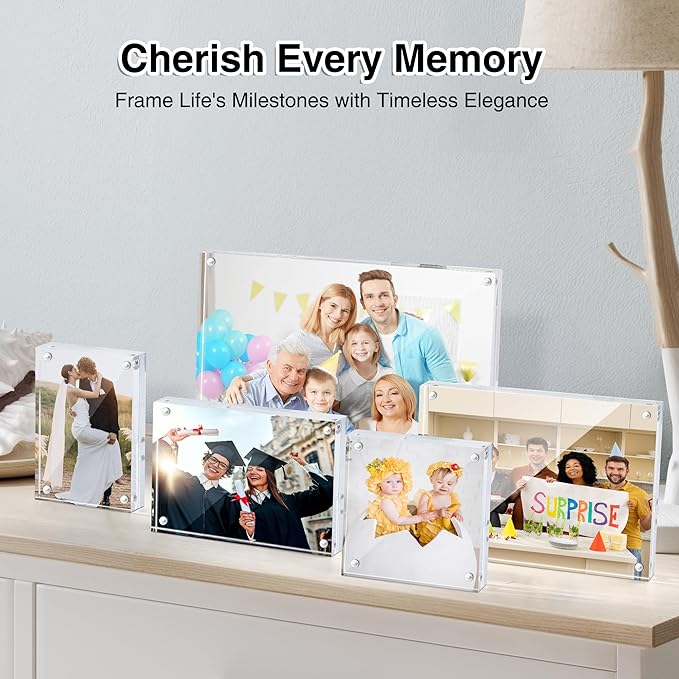 HOUSE DAY Acrylic Picture Frames 8x10, 6 Pack Magnetic 8x10 Picture Frame, Double Sided Clear 8 x 10 Photo Frame with Microfiber Cloth, Frameless FreeStanding 8x10 Frame Gift for Desktop Display