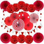 ZERODECO Party Decoration, 21 Pcs Red Hanging Paper Fans Pom Poms Flowers, Garlands String and Triangle Bunting Flags for Birthday Parties Baby Showers Wedding