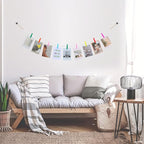 Hanging Photo Display Wall Decor, Wooden Bead Garland Collage Picture Frame with 9 Different Random Colors Wood Clips for Boho Bedroom, Living Room, Office, Dorm Decor