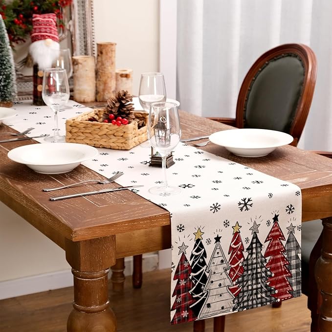 GEEORY Christmas Table Runner 13x72 Inch, Xmas Tees Snowflakes Holiday Decorative Farmhouse Table Decoration for Kitchen Dinning, Indoor Outdoor Dinner Party Decor ((Red & Black) GT165-72