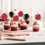 Ephlyn 30Pcs Foil Firework Cupcake Toppers Party Birthday Cake Toppers Supplies Sparkle Tinsel Cocktail Fruit Toothpick for Birthday Wedding Graduation Party Supplies Black Red