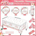 452 Pcs Pink Floral Baby Shower Party Supplies Include It's a Girl Baby Shower Paper Plates Cups Napkins Tablecloth Cutlery Straws for Pink Flower Girl Gender Reveal Birthday Party