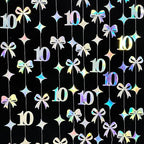 Iridescent 10th Bow Birthday Decorations Glitter Conquette Bow Garland Streamer Banner Backdrop for Girls Boys Happy 10th Birthday Double Digits Cheers to 10 Years Old Anniversary Party Supplies