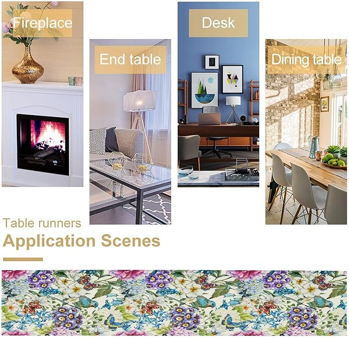 Brown Bird Floral Table Runner Spring Flower Kitchen Table Decoration Suitable for Family Dinner Decoration 13x108 Inch