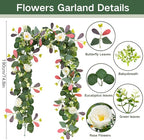 ASTRYAS 2Pcs 6.23Ft Artificial Eucalyptus Garlands with Flowers, Faux Floral Greenery Garlands Fake Flowers Vines for Wedding Table Centerpieces Arch Party Ceremony Backdrop Decor (Pink Leaves)