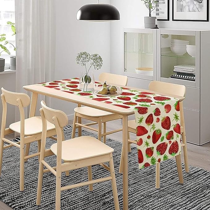 Strawberry Table Runner Spring Summer Fruit Wild Berry Forest Garden Dinner Runner for Girl Baby Shower Party Holiday Home Kitchen Dining Table Decor 13x60